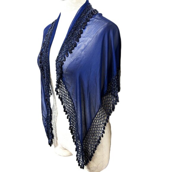 Beaded Royal Blue Sheer Triangle Shawl Scarf 37” x 37” x 61” - Picture 4 of 13